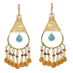 Hammered Drop Apatite, Pink Ruby & Mandarin Garnet Earrings