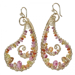 Hammered Paisley Earrings with Pink Ruby, Sapphire, Citrine & Mandarin Garnet – 2" Long
