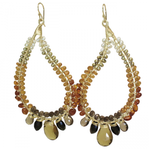 Hammered Drop Hoop Earrings with Pearls, Smoky Quartz, Whiskey Quartz, Citrine, Mandarin Garnet & Black Spinel – 2" Long