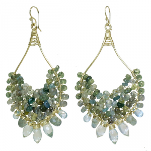 Hammered Drop Hoop Earrings with Blue & Green Apatite, Aquamarine & Moss Aquamarine – 2-1/2" Long