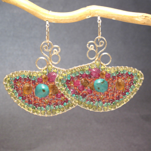 Hammered Fan Earrings with Peridot, Ruby, Turquoise & Mandarin Garnet – 2" Long