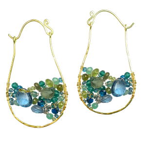 Hammered Drop Earrings with Peridot, Aquamarine, Sea Blue Chalcedony, London Blue Topaz & Green Apatite – 2" Long