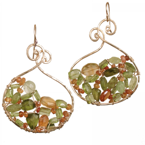 Hammered Earrings with Peridot, Vessonite, Prehnite, Citrine & Mandarin Garnet – 2" Long