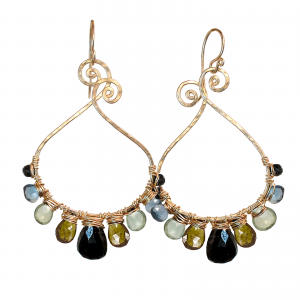 Hammered Drop Hoop Vessonite, London Blue Quartz & Black Onyx Earrings