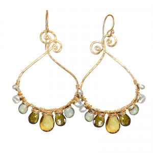Hammered Drop Hoop Pearl, Vessonite, Green Amethyst & Whiskey Quartz Earrings
