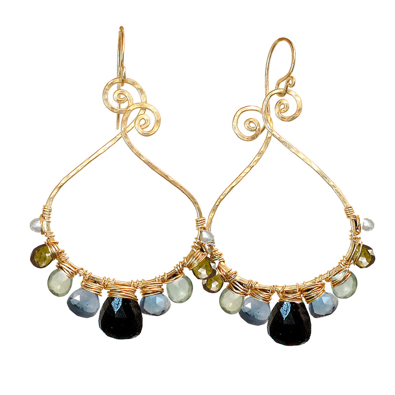 Hammered Drop Hoop Vessonite, Aquamarine, Green Amethyst, London Blue Quartz & Black Onyx Earrings