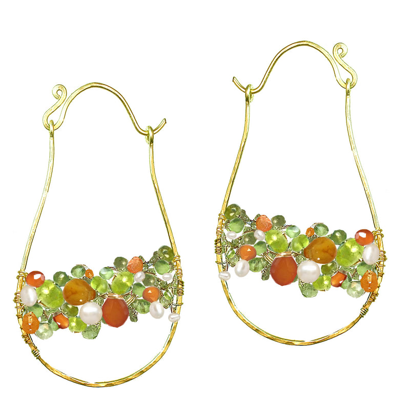 Hammered Drop Vessonite, Peridot, Carnelian, Citrine & Pearls Earrings