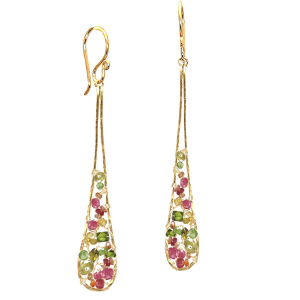Hammered long drops wrapped with peridot, pink ruby, and mandarin garnet, about 2-1/2" long.
