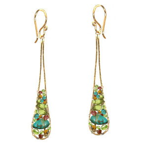 Hammered Long Drop Peridot, Mandarin Garnet, Ruby & Turquoise Earrings