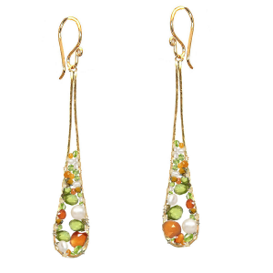 Hammered Long Drop Peridot, Mandarin Garnet, Ruby & Turquoise Earrings