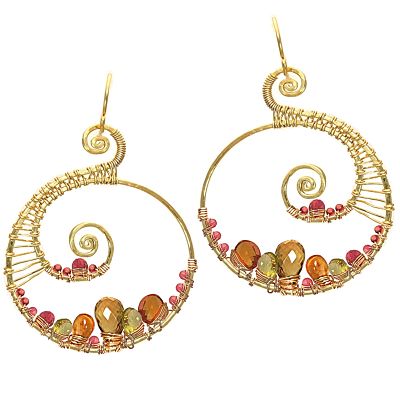 Hammered Swirl Drop Earrings – Pink Ruby, Citrine & Vessonite Dangles - ClickThatClicks 