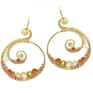 Hammered Swirl Drop Earrings – Ivory Pearl, Citrine, Vessonite & Pink Ruby Dangles - ClickThatClicks 