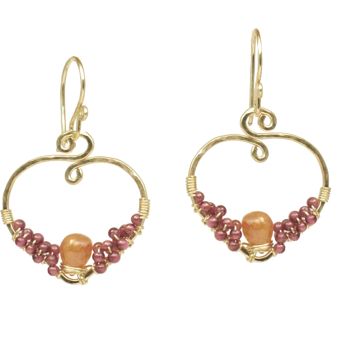 Hammered Wrapped Drop Earrings – Wine Garnet & Mandarin Garnet Dangles - ClickThatClicks 