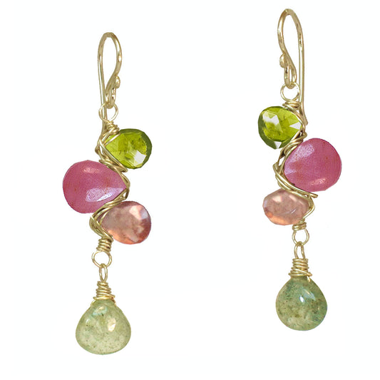 Woven Gemstone Earrings with Tourmaline, Peridot, Rhodocrosite & Moss Aquamarine