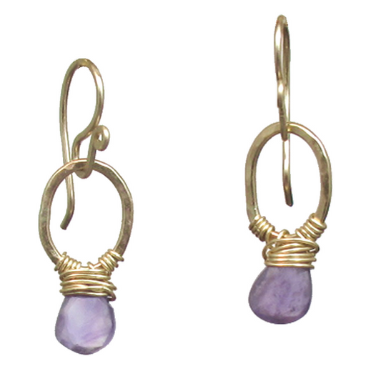 Amethyst Wrapped Earrings – Small Circle Gemstone Drop