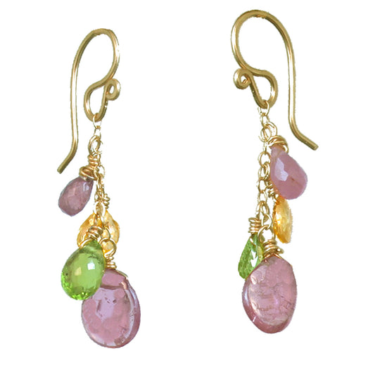 Citrine, Peridot & Pink Tourmaline Linked Earrings – Handcrafted Gemstone Design