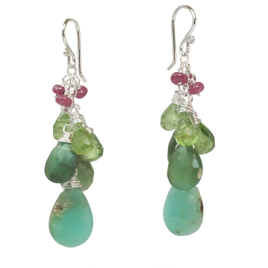 Ruby, Green Garnet & Chrysoprase Earrings