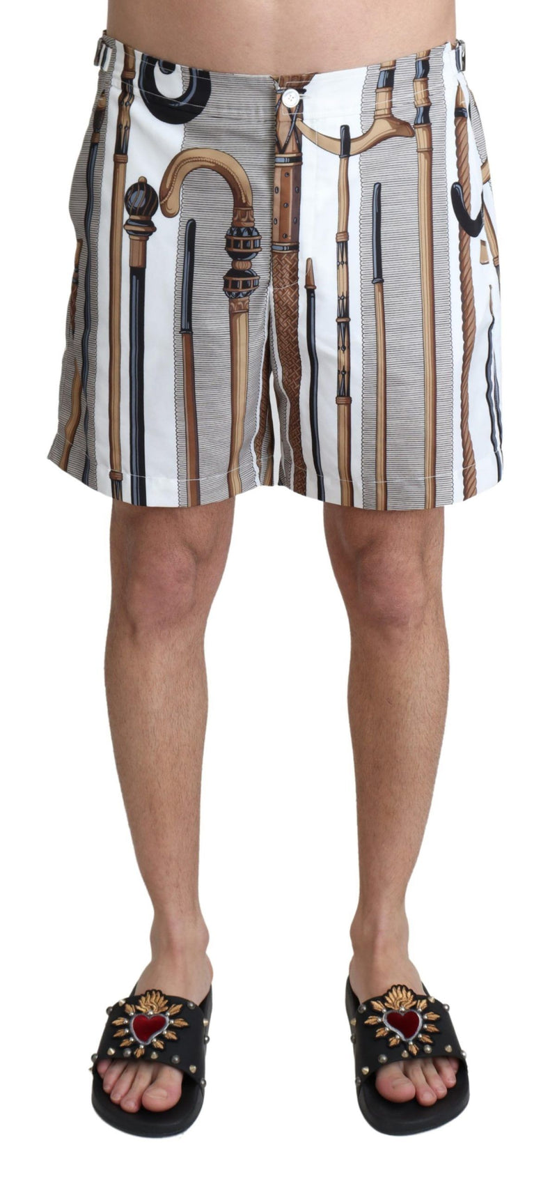Dolce & Gabbana White Walking Stick Beachwear Shorts Swimshorts