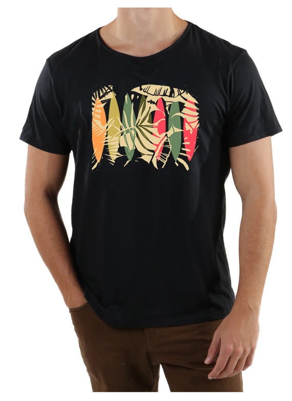 Surf Leaves Black Open Neck Tee