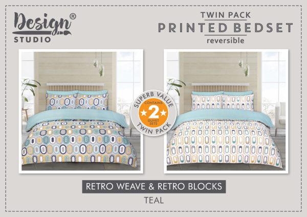Twin Pack Retro Weave/Blocks Double Duvet Set – Colour Options Available