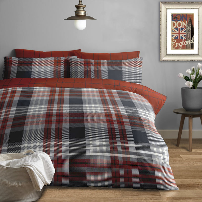 Stocksbridge Brushed Cotton Duvet Set – Red & Ochre (Multiple Sizes Available)